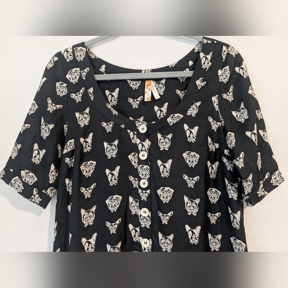 Anthropologie Black Dog Print 100% Silk Short Sleeve Button-Up Mini Slip Dress - Picture 4 of 8